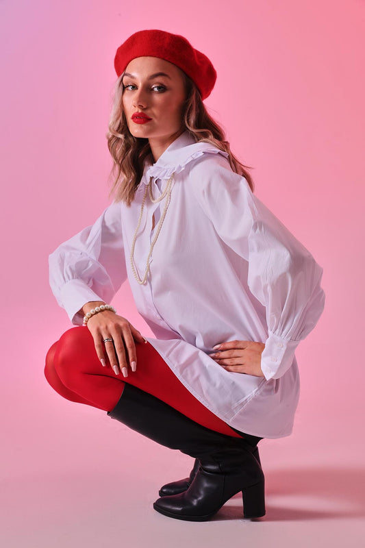 Fırfır Detaylı Oversize Gömlek Beyaz