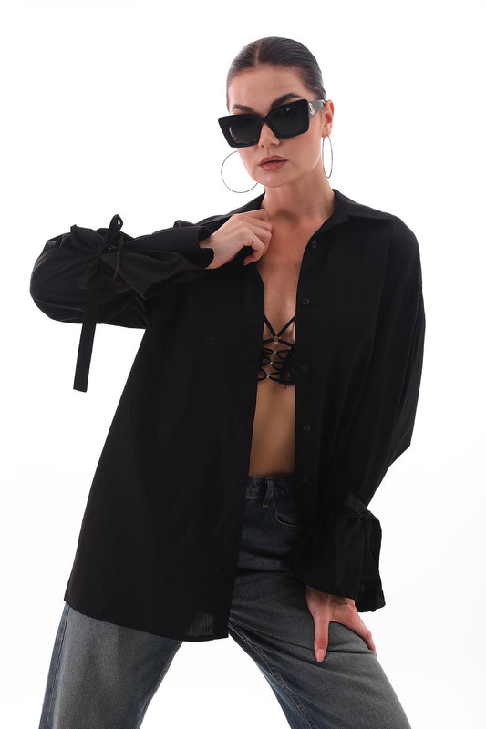 Bağcık Detay Oversize Siyah Gömlek