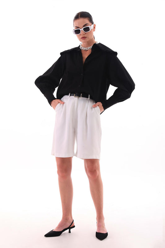 Fırfır Detaylı Oversize Gömlek Siyah