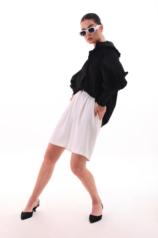 Fırfır Detaylı Oversize Gömlek Siyah