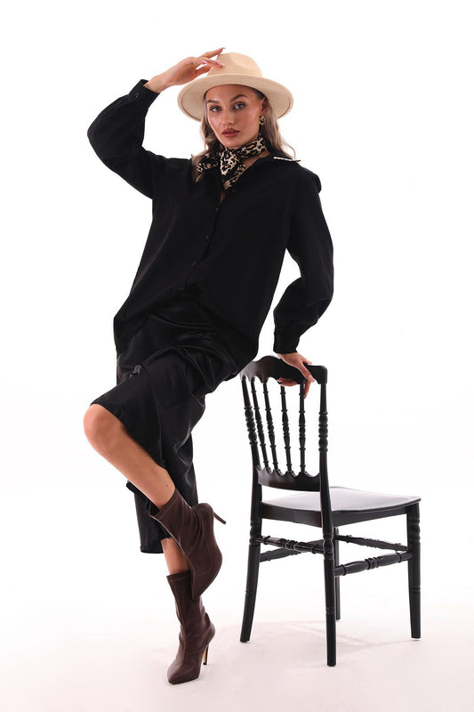 Dantel Detaylı Oversize Gömlek Siyah