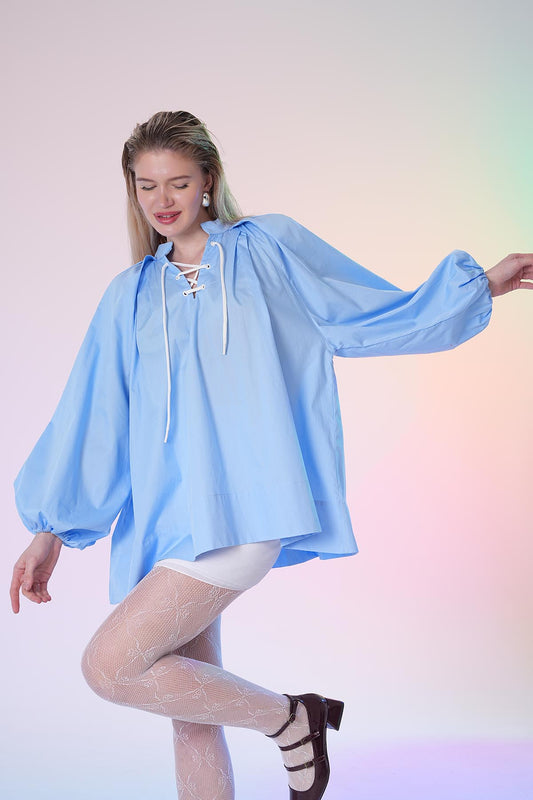 Balon Kollu Oversize Poplin Gömlek